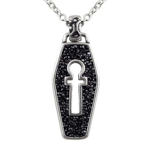 Silver coffin-shaped pendant with black crystal pavé and an open keyhole cutout, on a chain