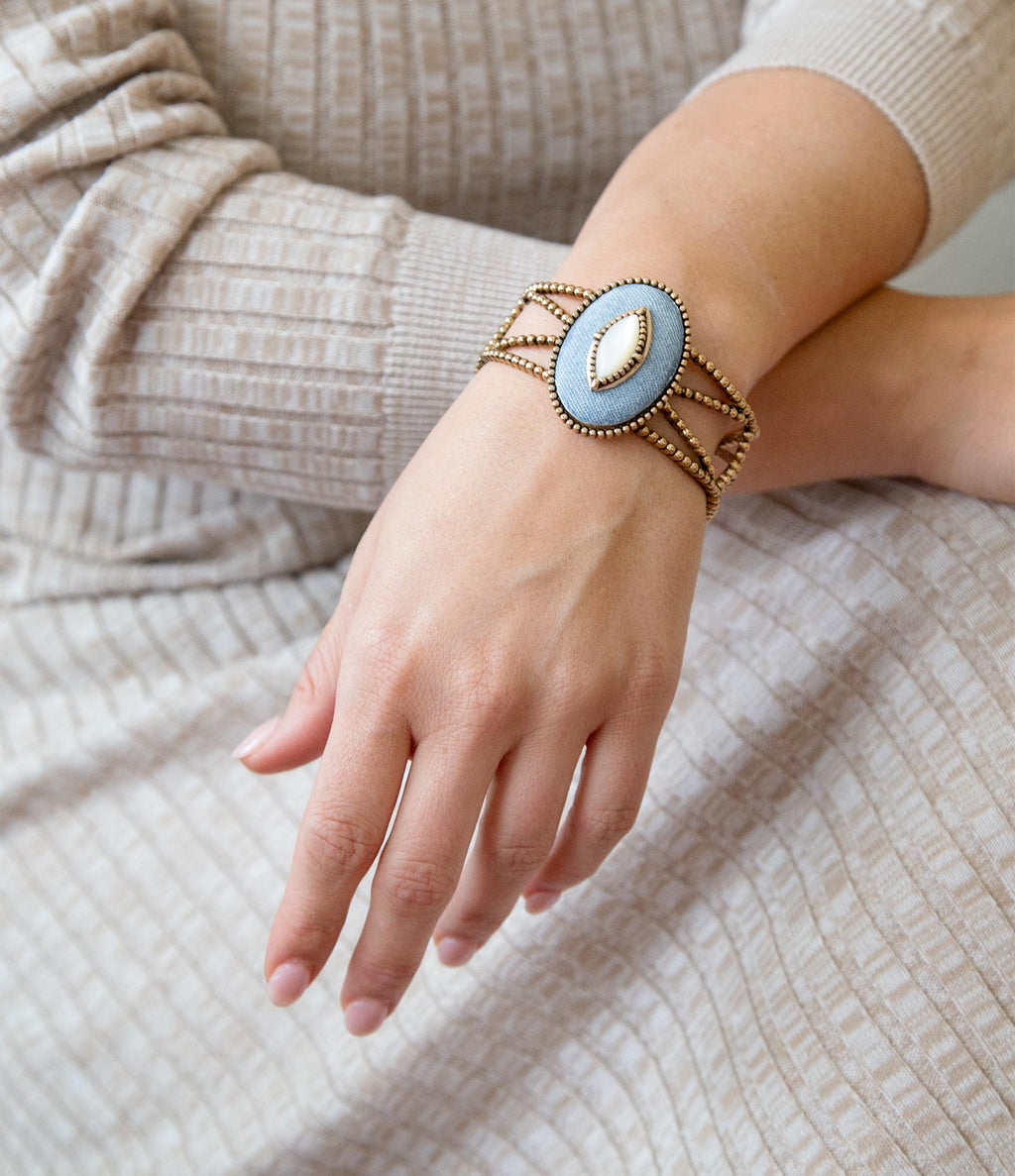 Blue denim and mother-of-pearl bronze cuff by Barse Jewelry