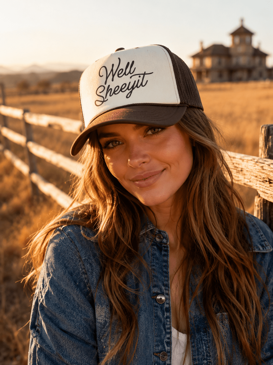 Model wearing a brown and tan Well Sheeyit trucker hat outdoors near a wooden fence