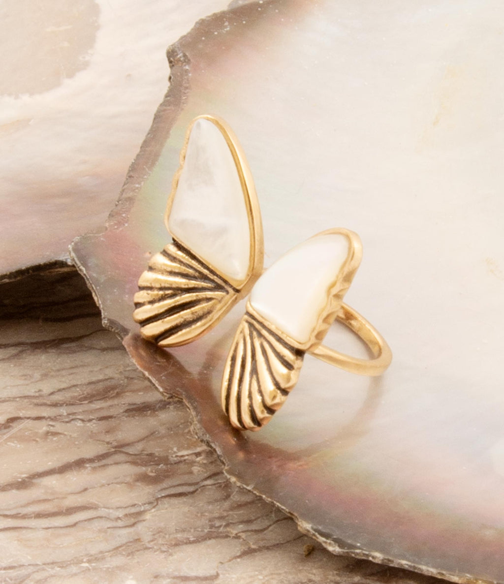 Mother-of-pearl butterfly bronze statement ring by Barse Jewelry