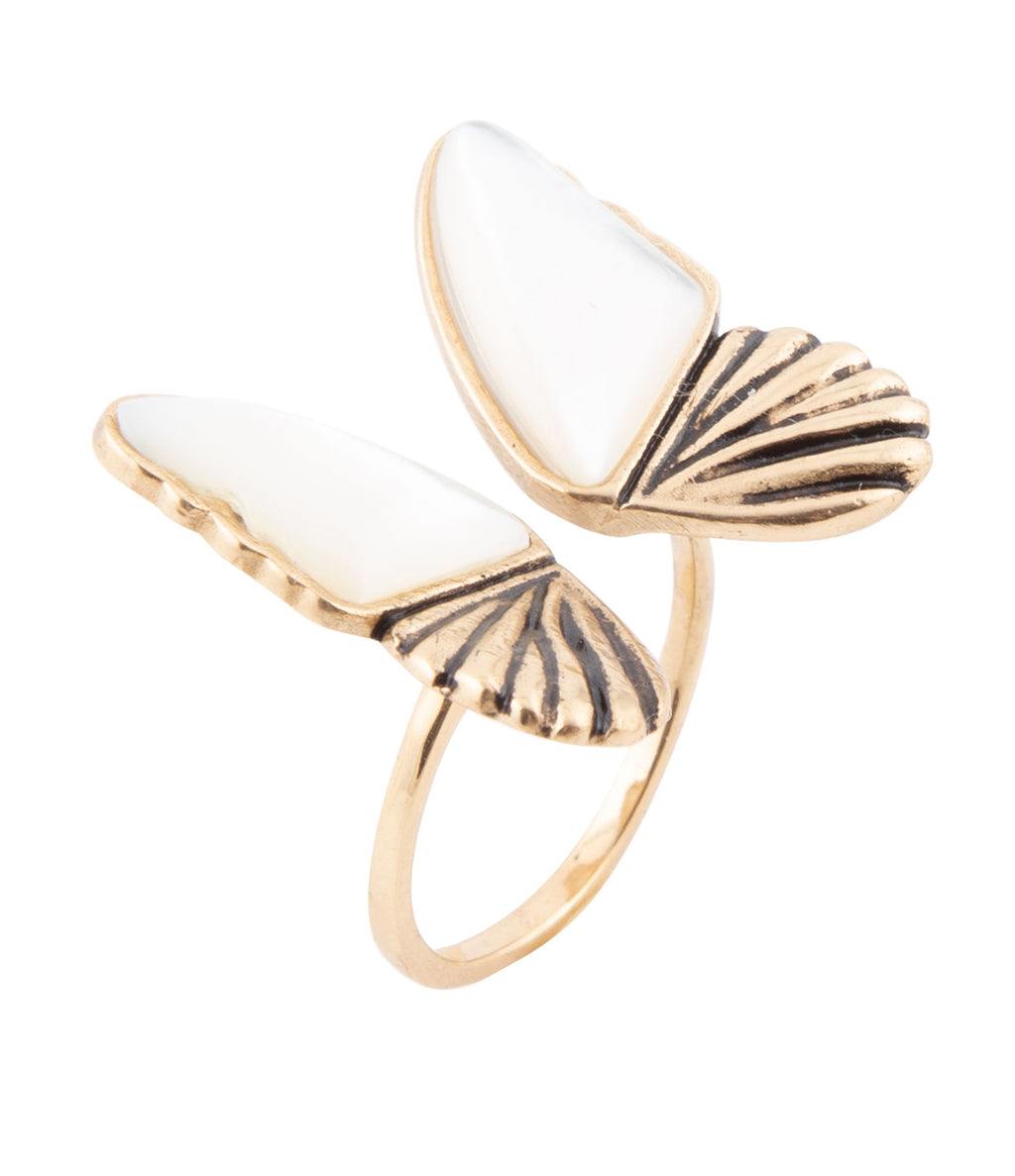 Mother-of-pearl butterfly bronze statement ring by Barse Jewelry