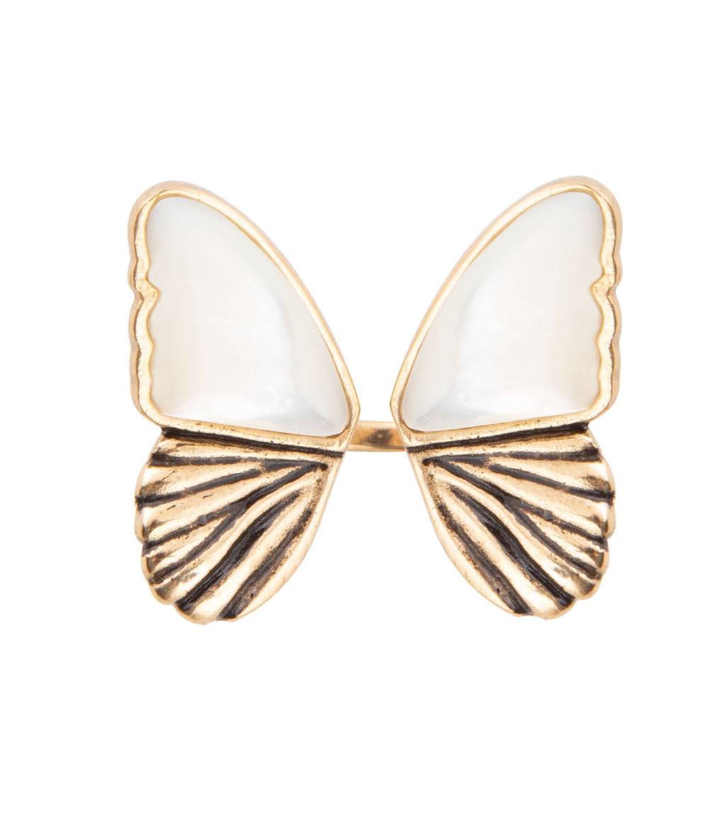 Mother-of-pearl butterfly bronze statement ring by Barse Jewelry